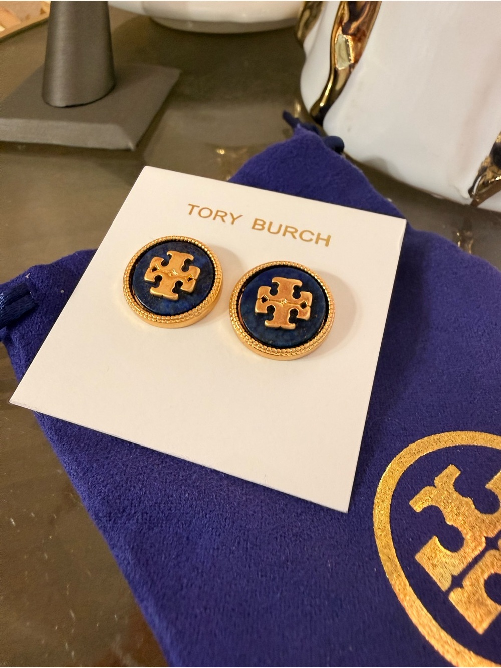 Tory Burch Navy and Gold Logo Button Earrings